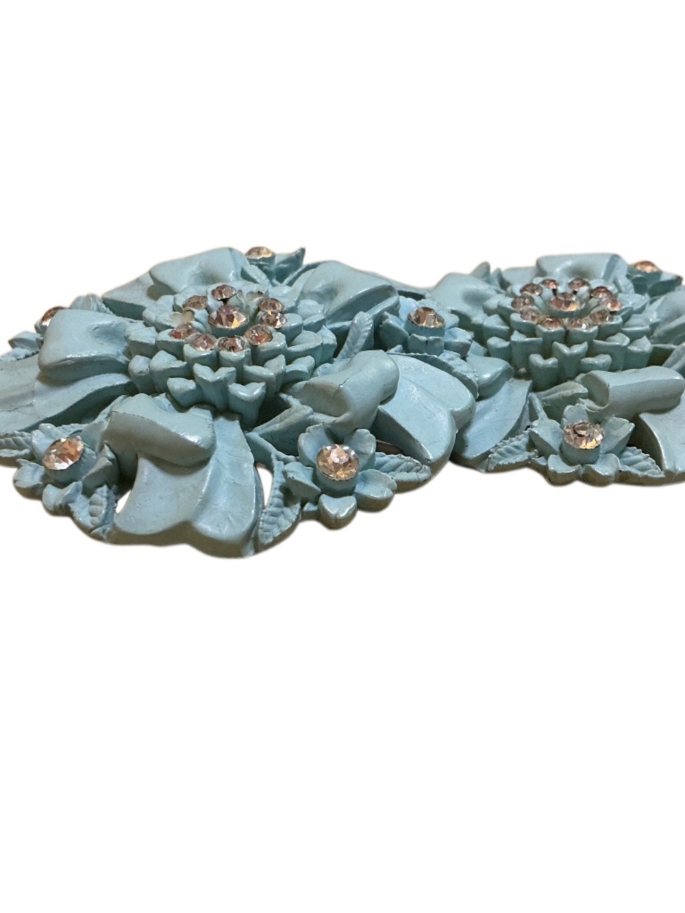 Vintage Featherweights 2.5" Turquoise Floral Rhinestone Clip-On Earrings - Picture 2 of 14